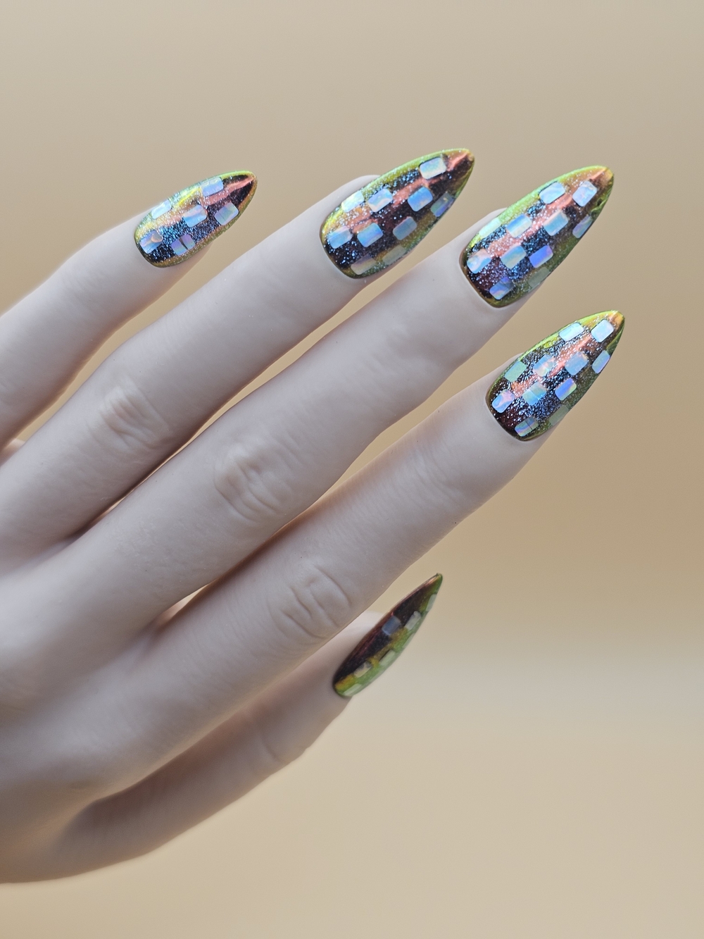 Press-on Nails 10pc Size S Almond Iridescent Chrome Mosaic Multicolor Green